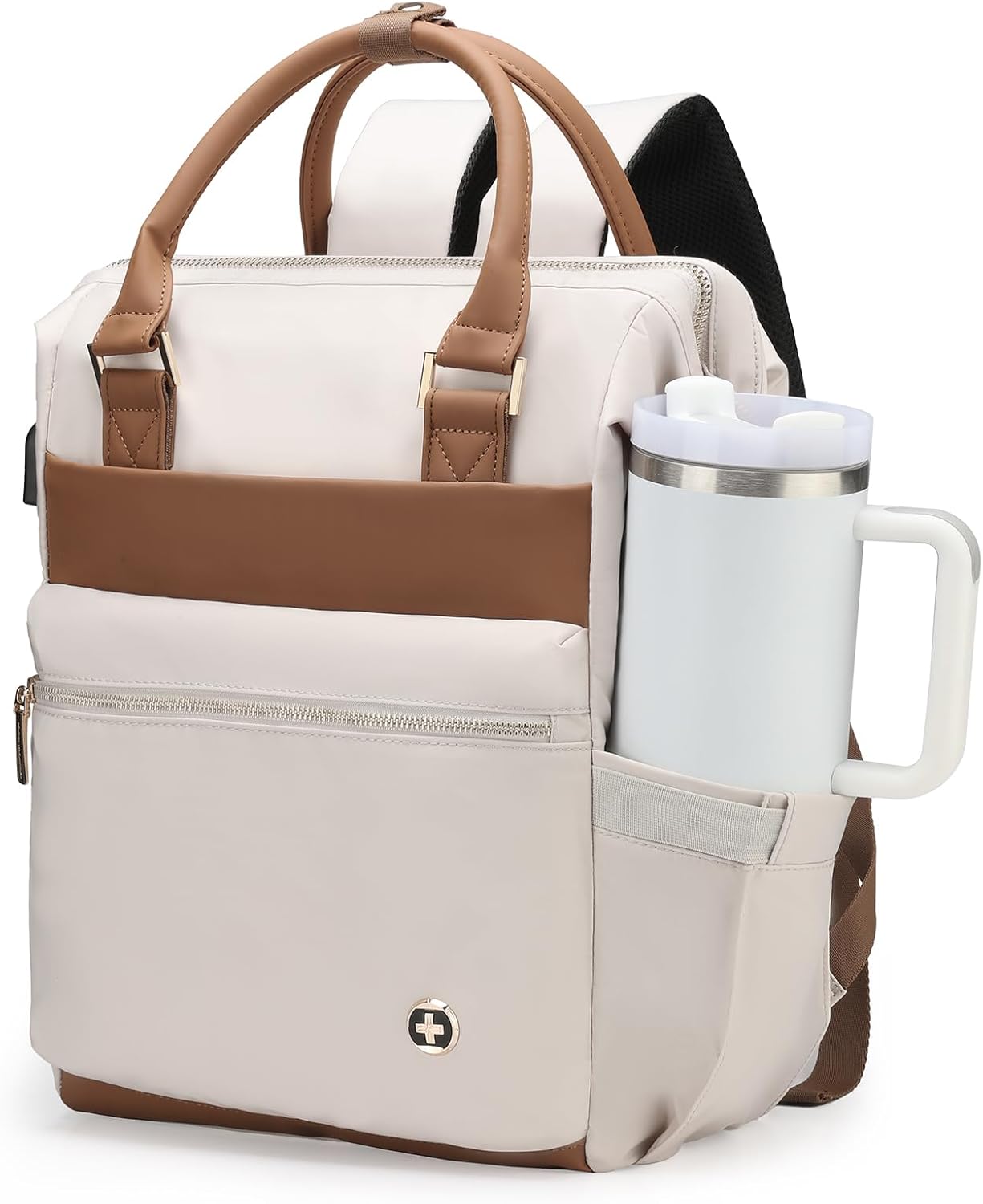 Swissdigital Design Laptop Backpack for Women,Business Travel Backpack with USB Charging Port, Fits 15.6 Inch Computer Backpacks for Work, Beige Brown | SD1726L-07