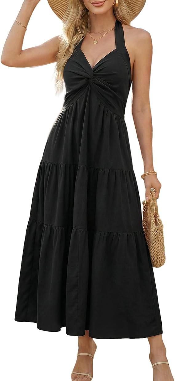 Florboom Women's Summer Halter Maxi Dresses Smocked Back Sundress, Wedding Guest & Holidays Dress with Pockets