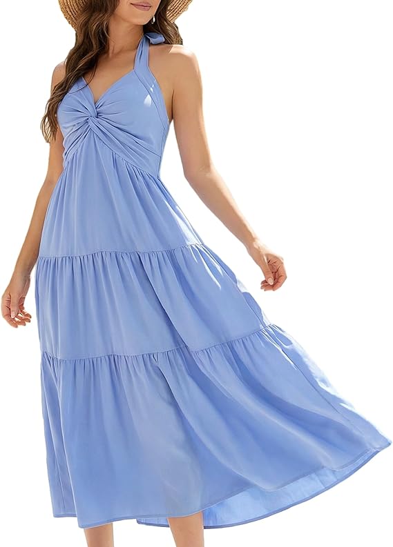 Florboom Women's Summer Halter Maxi Dresses Smocked Back Sundress, Wedding Guest & Holidays Dress with Pockets - Image 2