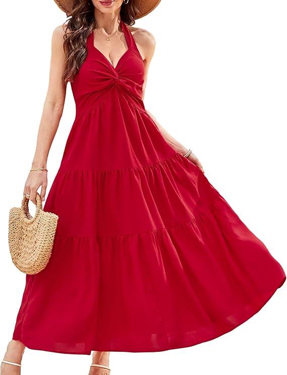 Florboom Women's Summer Halter Maxi Dresses Smocked Back Sundress, Wedding Guest & Holidays Dress with Pockets - Image 3