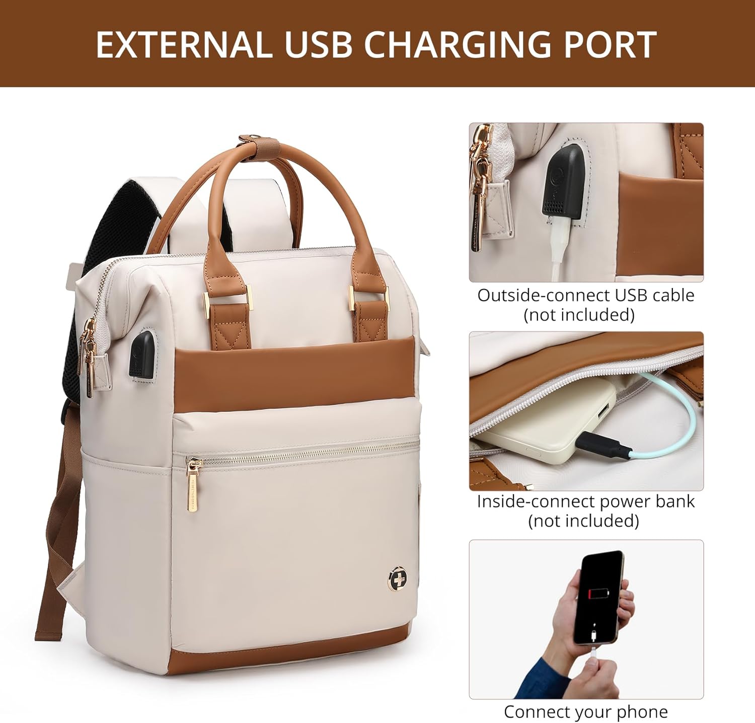 Swissdigital Design Laptop Backpack for Women,Business Travel Backpack with USB Charging Port, Fits 15.6 Inch Computer Backpacks for Work, Beige Brown | SD1726L-07 - Image 4