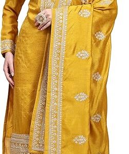TRENDMALLS Women's Vichitra Silk Embroidery Salwar Suit Set Kurta Pant with Dupatta Yellow
